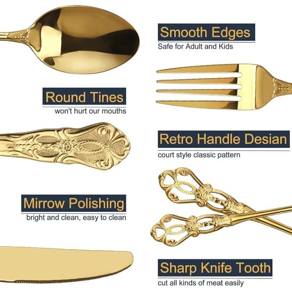 Golden Anti-Rust Stainless Steel 20 Pieces Flatware Set include Fork Spoon Knife - Picture 2 of 7